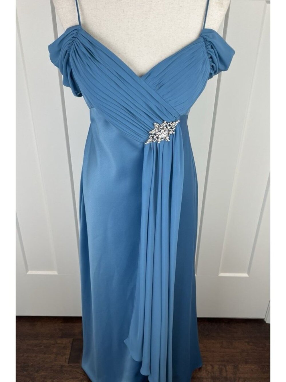 Alex Evenings French Blue Chiffon Maxi Gown 8 Draped Rhinestone Formal Dress